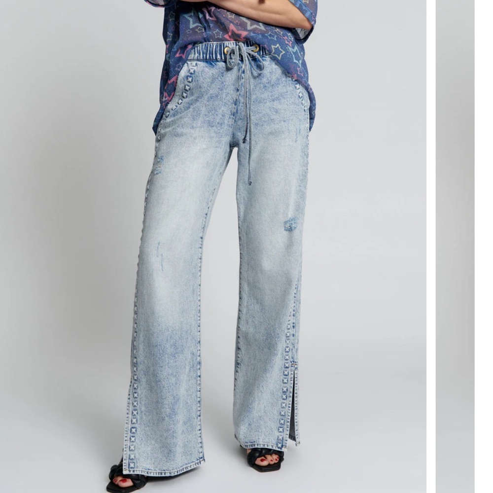 NWT One Teaspoon RIVETED ROADHOUSE WIDE LEG DRAWSTRING JEANS